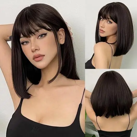 

Short Black Brown Synthetic Natural Hair Wigs for Women Bob Straight Wig with Bangs High Temperature Daily Cosplay Party Wigs