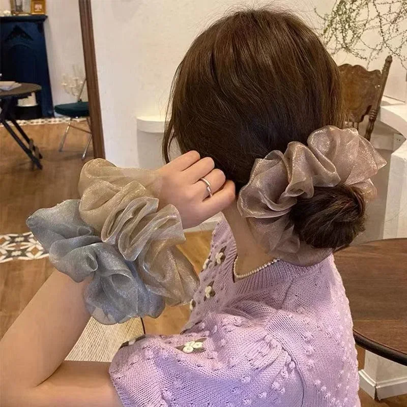 Fashion Organza Big Scrunchies for Women Summer Solid Color Ponytail Holder Elastic Hair Bands Headwear Choucou Cheveux Femme