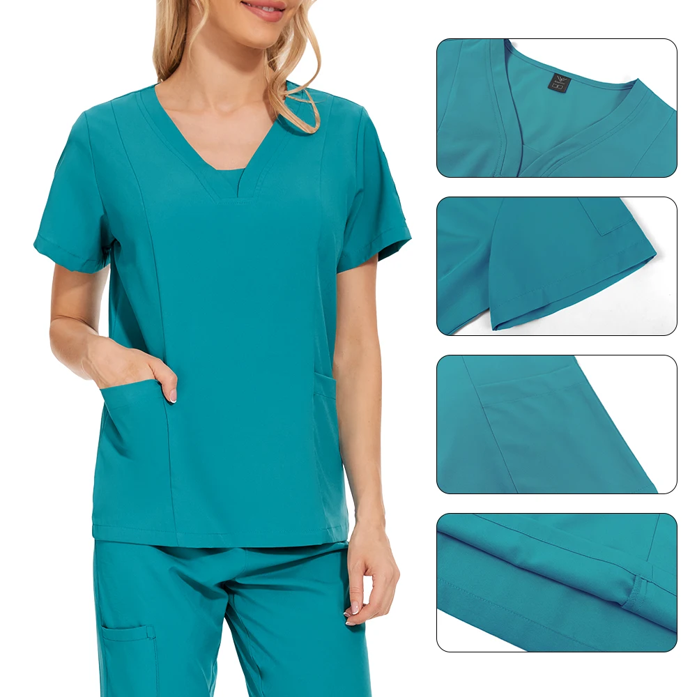 V Neck Scrub Uniforms Set Women Short Sleeve Hospital Nurse Uniform Female Spa Beauty Salon Working Clothes Pocket Pullover Suit