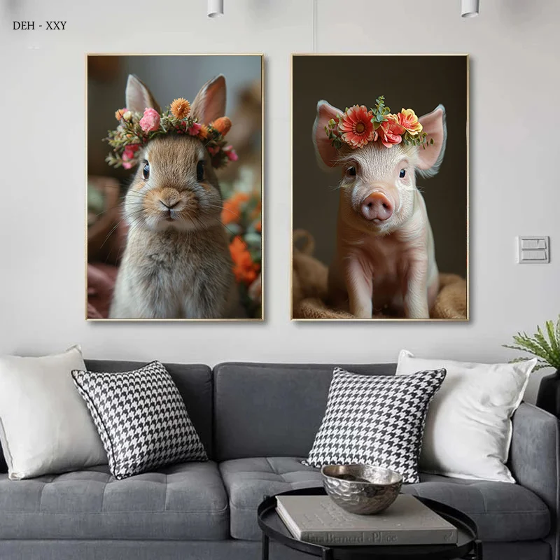 Baby Animals Bunny Goat Pig Dog Horse Flower Crown Print Canvas Posters Wall Art Canvas Painting for Home Kid Room Nursery Decor