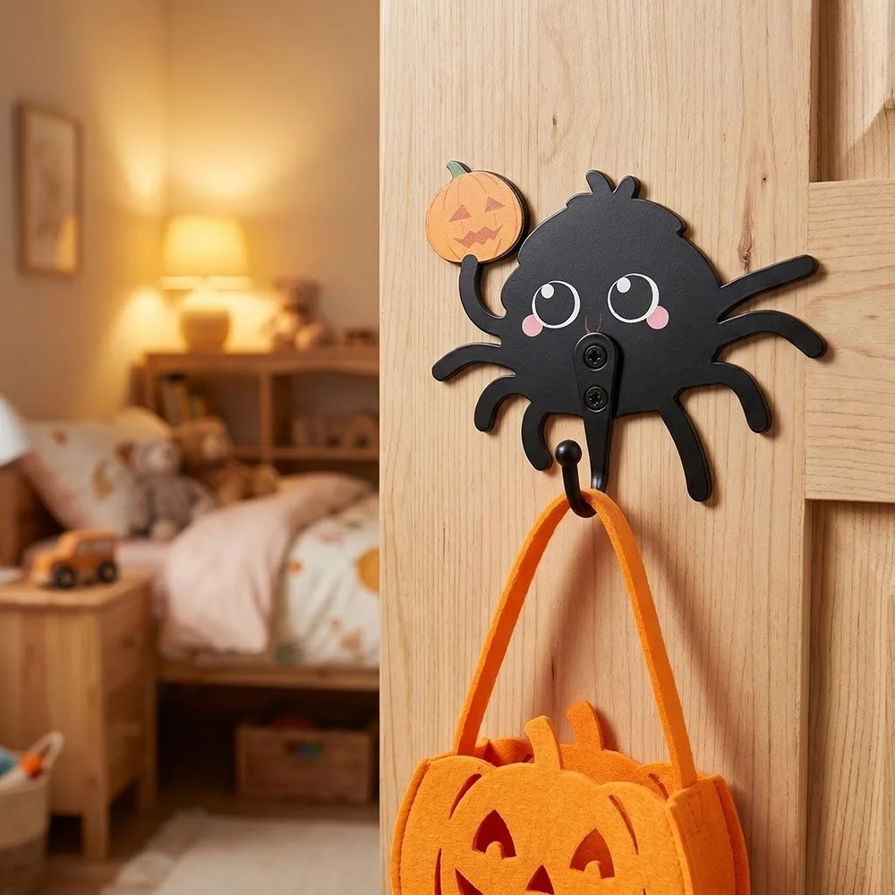 Wooden Halloween Cartoon Spider Hook Cute No-Drill Keys Holder Gothic Style Wall Mounted Door Hooks Halloween Decorations