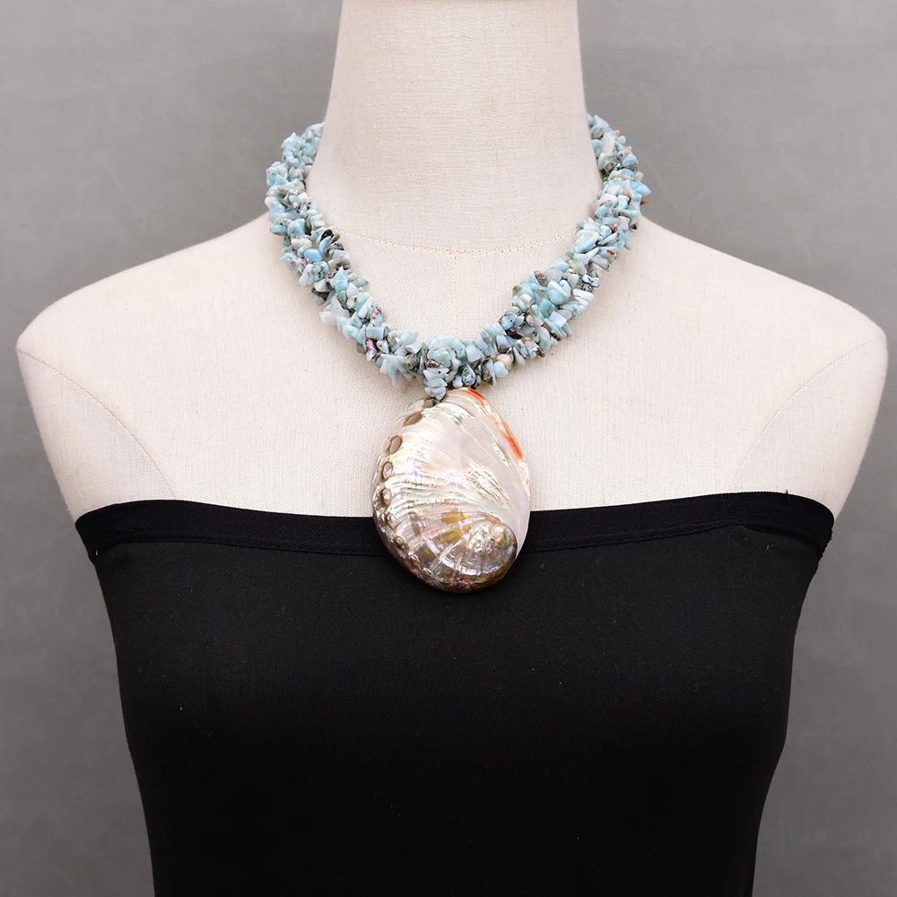 G-G 3 Rows Natural Blue Larimar Stone Chips Necklace Big Mix Color Abalone Shell Pendant 19" view 6