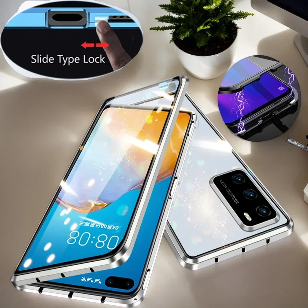 

Double Sided Glass Snap Lock Metal Bumper Phone Case for Huawei P40 P50 P60Pro Pura 70 80 Ultra Full Protection Back Cover Cases