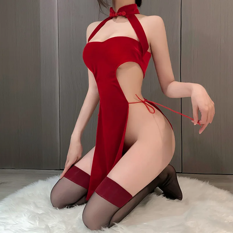 Sexy Anime Lingerie Bandage Temptation Side Slit Chinese Qipao Traditional Short Dress for Women Velvet Cheongsam Nightgowns