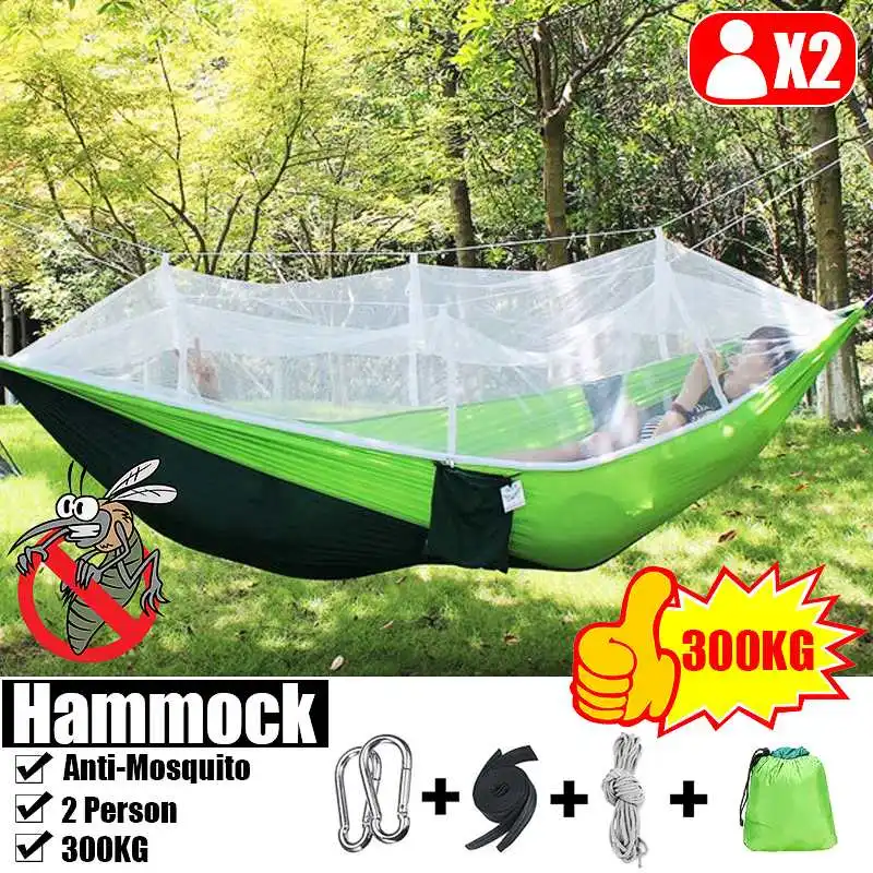 300KG Load 2 Person Portable Outdoor Camping Hammock With Mosquito Net Thick Parachute Fabric Hanging Bed Hunting Sleeping Swing