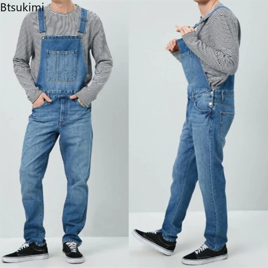 Macacão jeans de bolso múltiplo masculino, costura de botões, jeans com cinta de espaguete, macacão reto retrô, macacão casual, moda, 2024