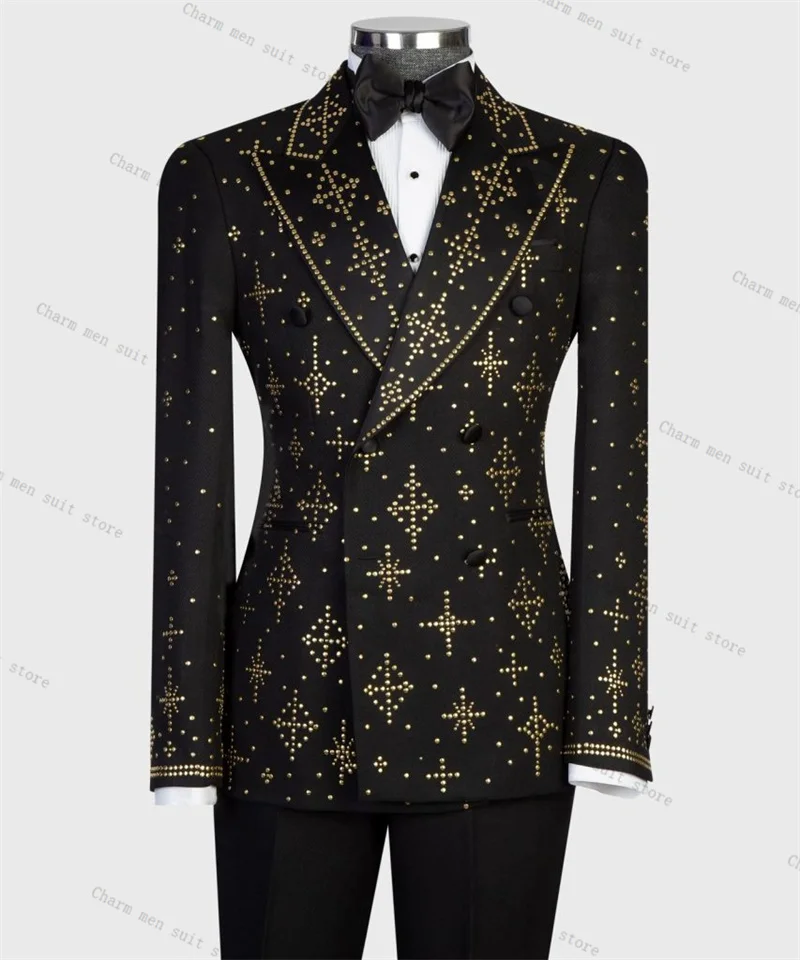 

Роскошные черные мужские костюмы, комплект из 2 предметов: пиджак + брюки, свадебный смокинг со стразами, формальный офис, хлопок, мужской пиджак для жениха, выпускного вечера, пальто
