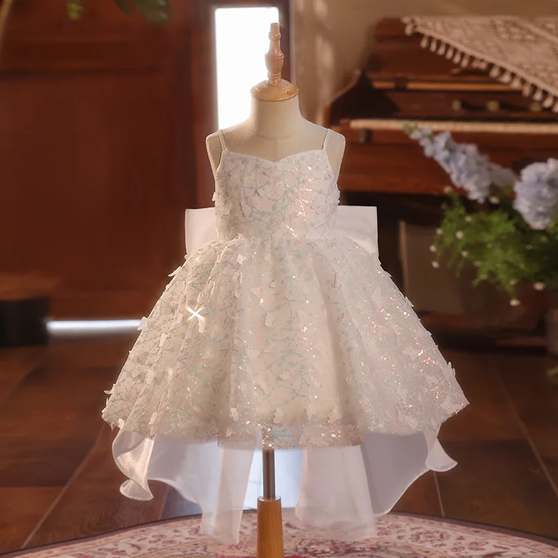 

Girls Fashion White Sequins Design Host Piano Performance Princess Ball Gown Children Cute Birthday Wedding Dress y1644