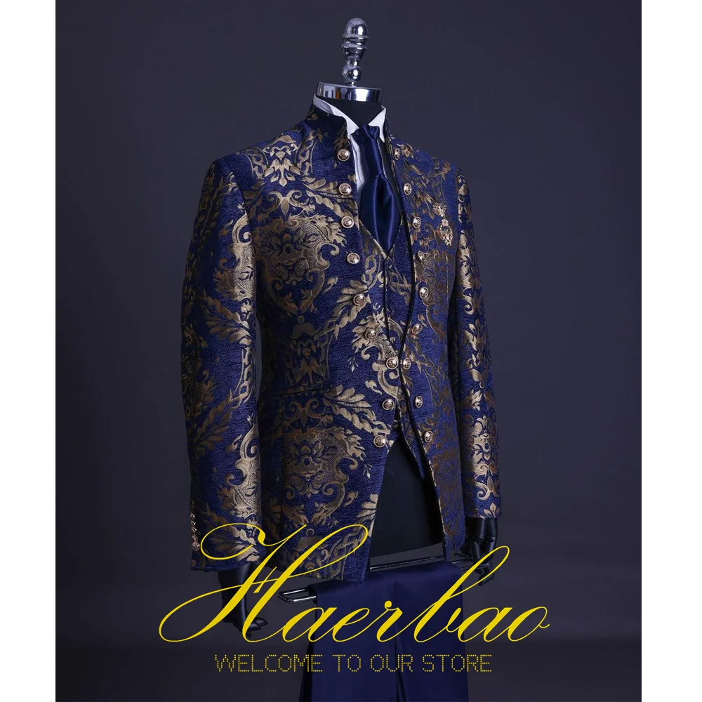 Men Suit Set Stand Collar Mens Wedding Suits Formal Groom Tuxedo Costume Handsome Blue Gold Floral Rim Stage