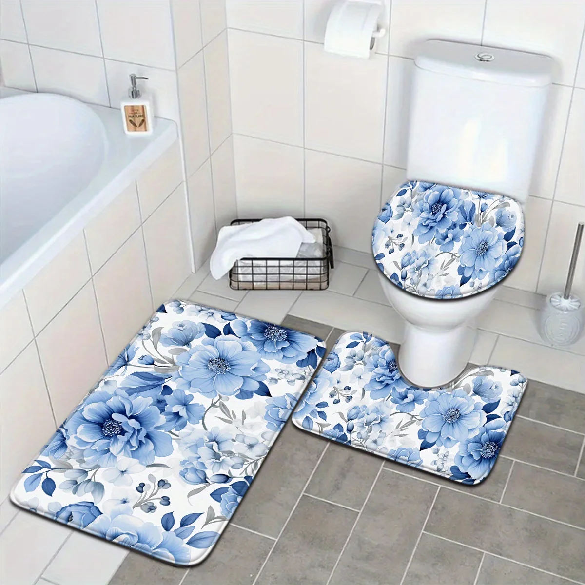 

3 шт. Современный минималистичный цветочный узор, полиэфирная ткань, можно стирать в машине, U-образный коврик, коврик для ванной комнаты, коврик для чехла на сиденье унитаза