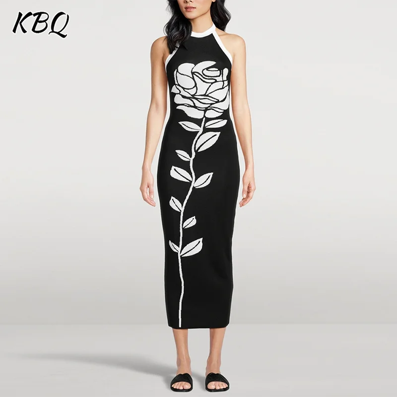 

KBQ Printing Slimming Elegant Dresses For Women Halter Sleeveless Backless High Waist Temperament Long Dress Female Fashion New