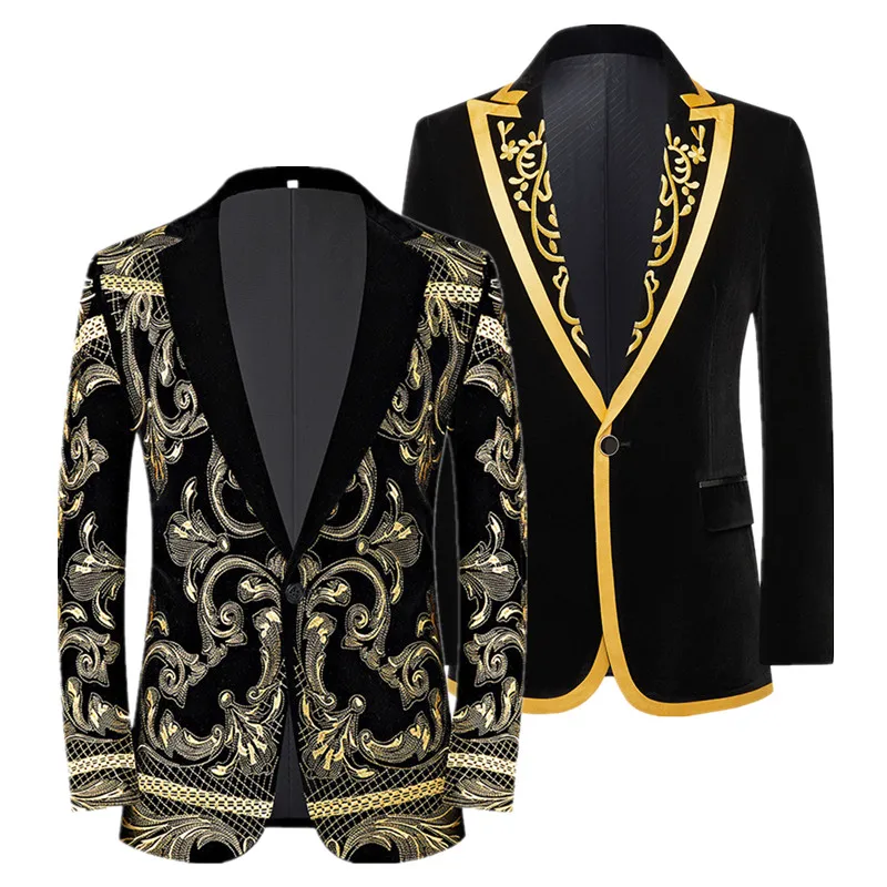 High Quality Embroidered Gold Velvet Suit Men Single Button Jacket Fashion Men's Wedding Prom Party Dress Luxury Blazers