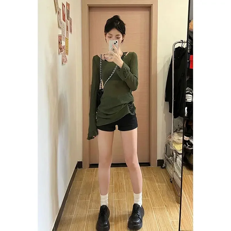 Deeptown Y2k Vintage Green Sweater Women Kpop Gyaru Knitted Jumper Korean Fashion Slim Sexy Knitwear Distressed Grunge Pullover