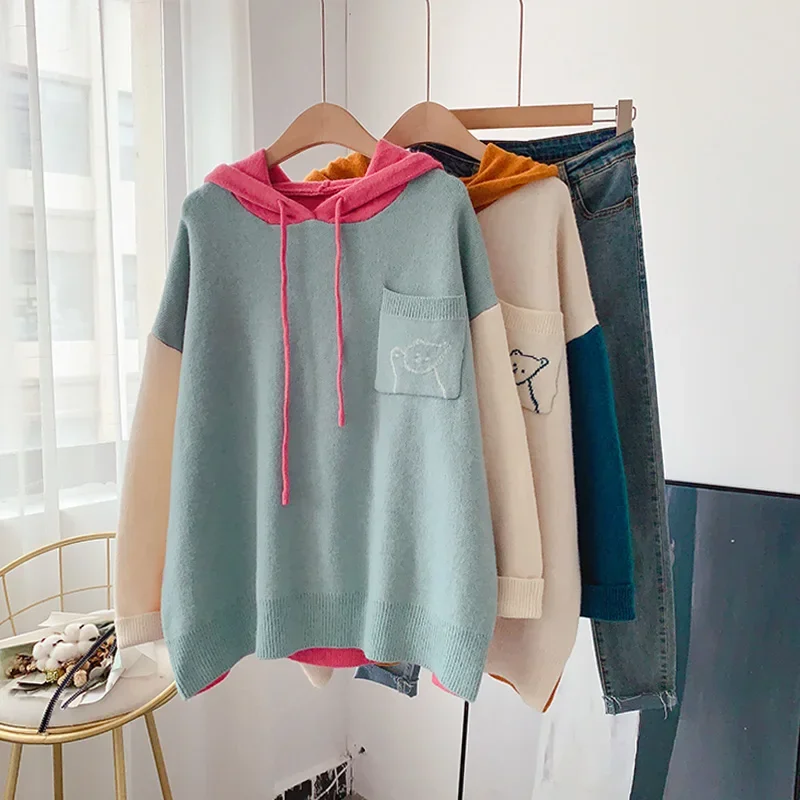 Suéteres con capucha para mujer, ropa de invierno 2024, jerséis de punto de retazos de dibujos animados, jersey con bolsillo, prendas de punto, novedad de 2024