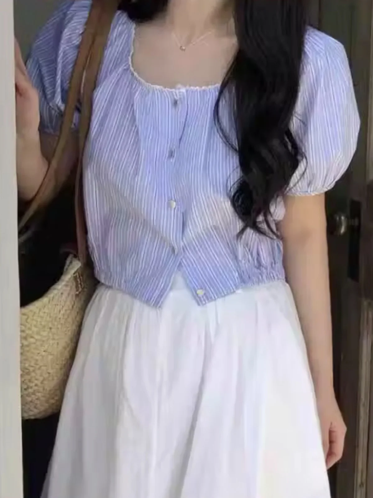 Retro Striped Fre Sle Women's irt Summer Loose Square Collar Patchwork ort Single Button Doll irt Korean Sle Commute