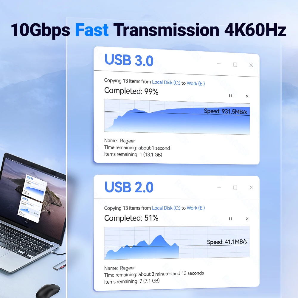 RAGEER 7 in 1 10Gbps USB3.0 HUB USB C HUB TYPE-C to 5 USB PD TYPE C Adapter Fast Speed Transmission USB C Docking Station For PC