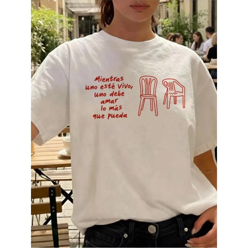 Spanish Letter Chair Graphic Tee White Summer Aesthetic Women T-Shirt Retro Quotes Cute Top Casual Short Sleeve Loose Streetwear