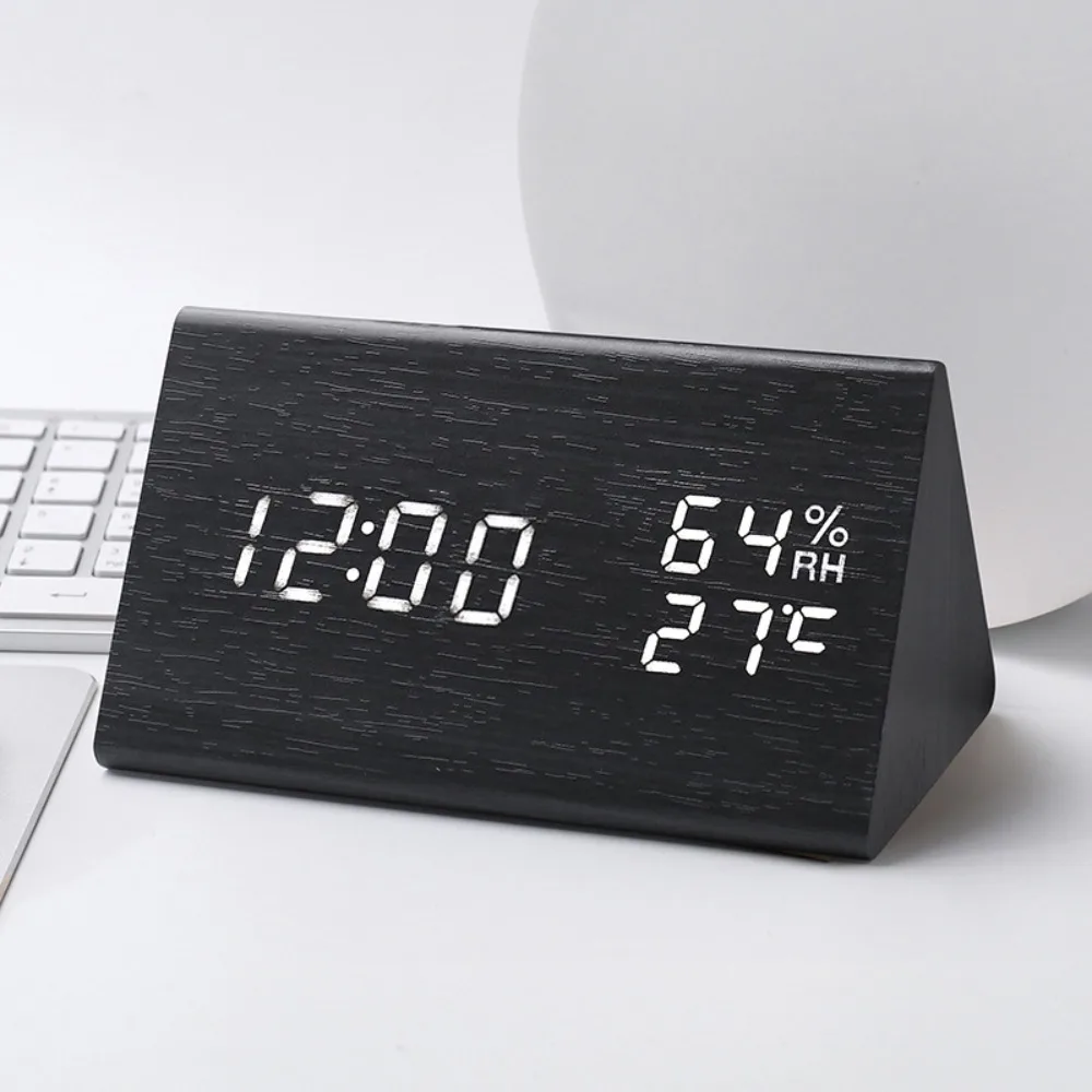 Triangular Wooden LED Alarm Clock Adjustable Brightness Humidity and Temperature Display Digital Alarm Clock Voice-activated
