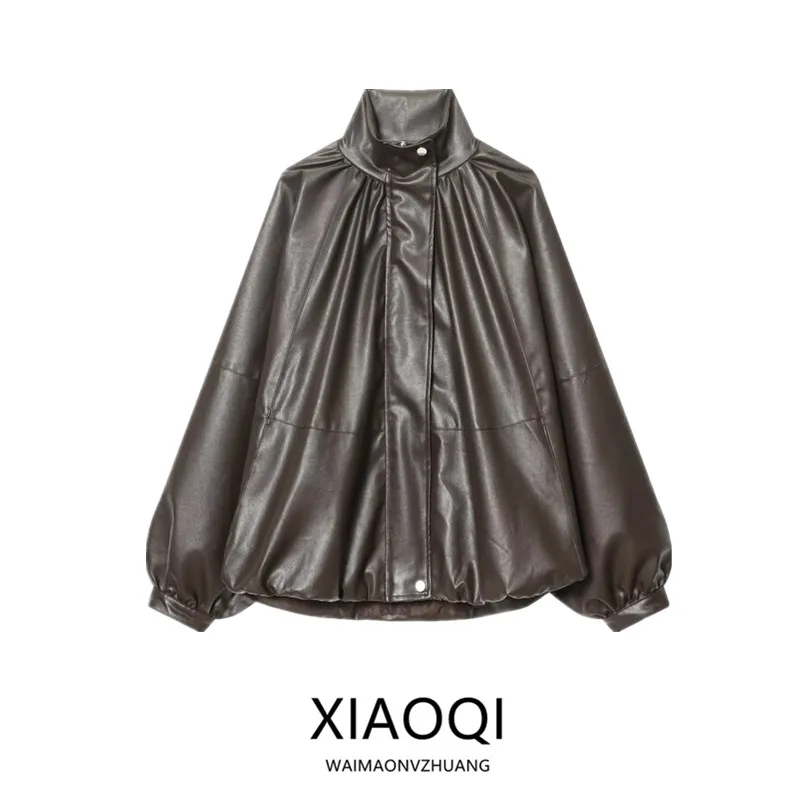 

Winter 2025 Women's Pilot Jaet Leather Effect Design New Arrival Zipper Closure Long Sve Stand Collar ort Outerwear