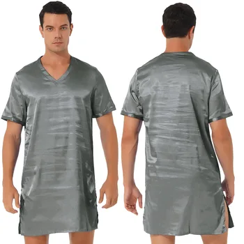 Pyjama en satin pour hommes et femmes, chemise de nuit à col en V, manches courtes, peignoir, vêtements de nuit, vêtements d'intérieur, vêtements de nuit fendus sur les côtés