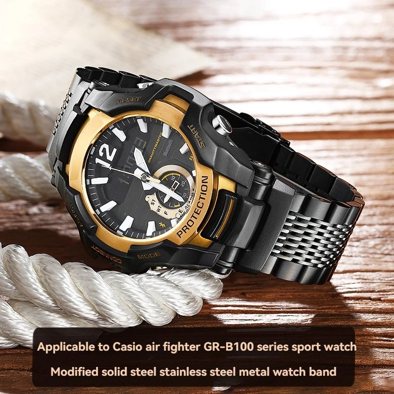 Modified Stainless steel watchband For Casio g-shock 5536 Black Knight gr-b100 metal watch strap GR B100 Men Bracelet GR-B100-1A