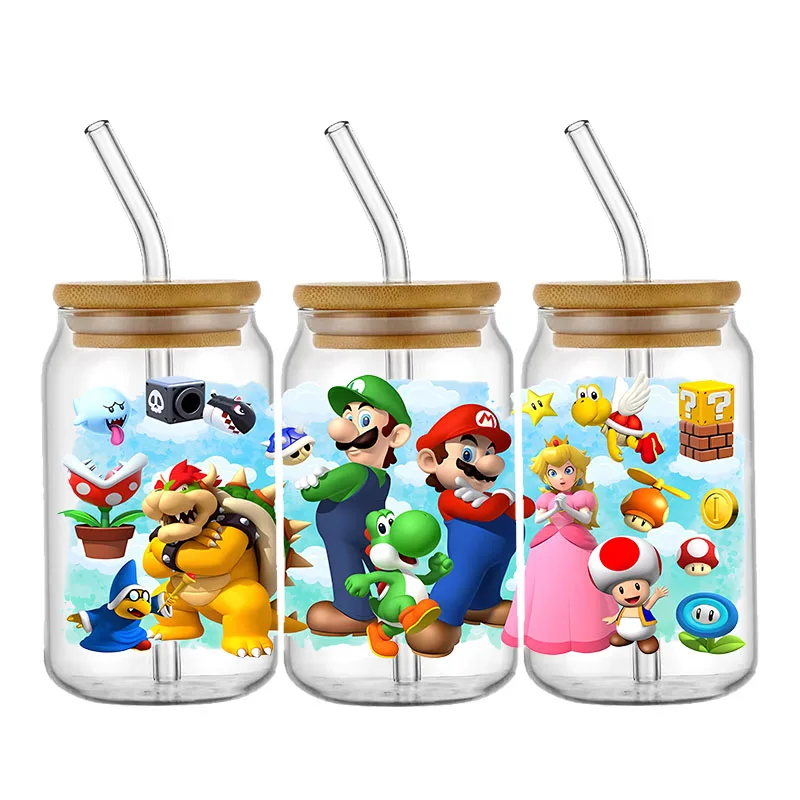 Bonito Mario UV DTF Cup Wrap Transfer Sticker, Impermeável Transfere Decalques para 16OZ Vidro De Café, DIY Wrap Adesivos