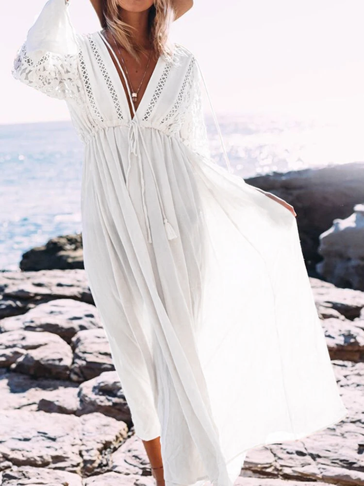 2024 Maxi Dress Tassel Kaftan Boho Beach Dress White Kimono Cover Up Ropa De Playa Beach Pareo Tunic Kaftan Swimsuit