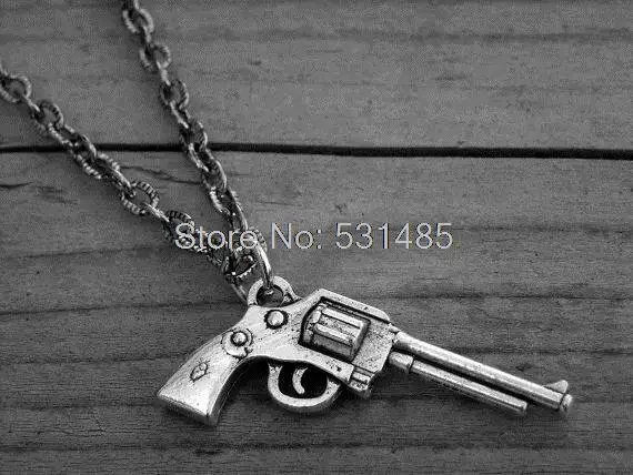 12pcs/lot Silver Gun Necklace Western Pistol Shotgun Revolver Handgun Punk Rock Roll Rocker Heavy Metal Cowgirl