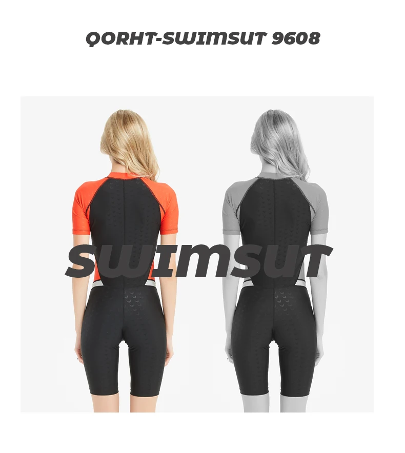 Women Short Sleeve Professional WaterProof Athletic Competitive Bathing SwimWear One Piece Quick-Dry Front Zipper Sport SwimSuit