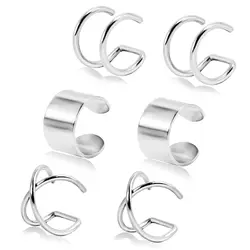 6pcs Stainless Steel Trendy Cute Simple Double Lines Ear Cuff Set Non Piercing Fake Helix Cartilage Huggie Cross Cuff Earrings
