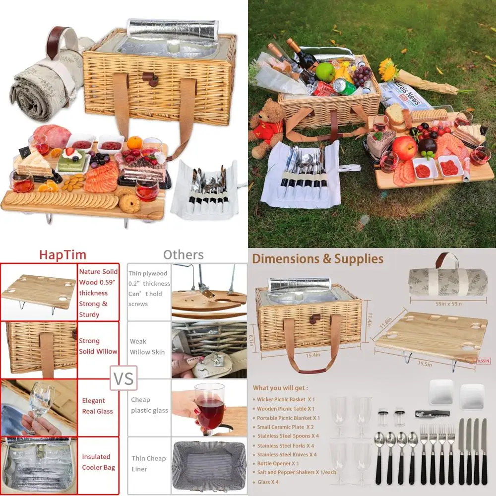 

hap tim wicker picnic basket for 4 with mini folding wine picnic table & large insulated cooler bag & cutlery service kits for 4