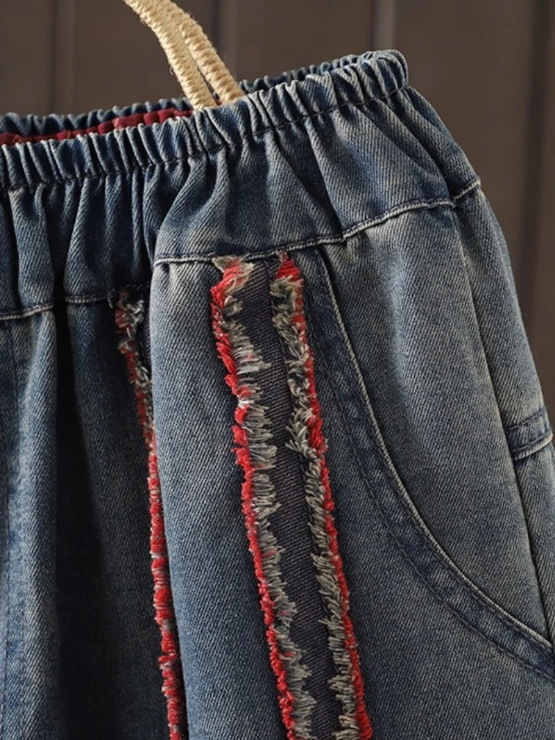 Retro Trendy Fringed Patch Splicing Nine Quarter Jeans Women's Loose Dad Pants Versatile High Waisted Harem Trousers W483