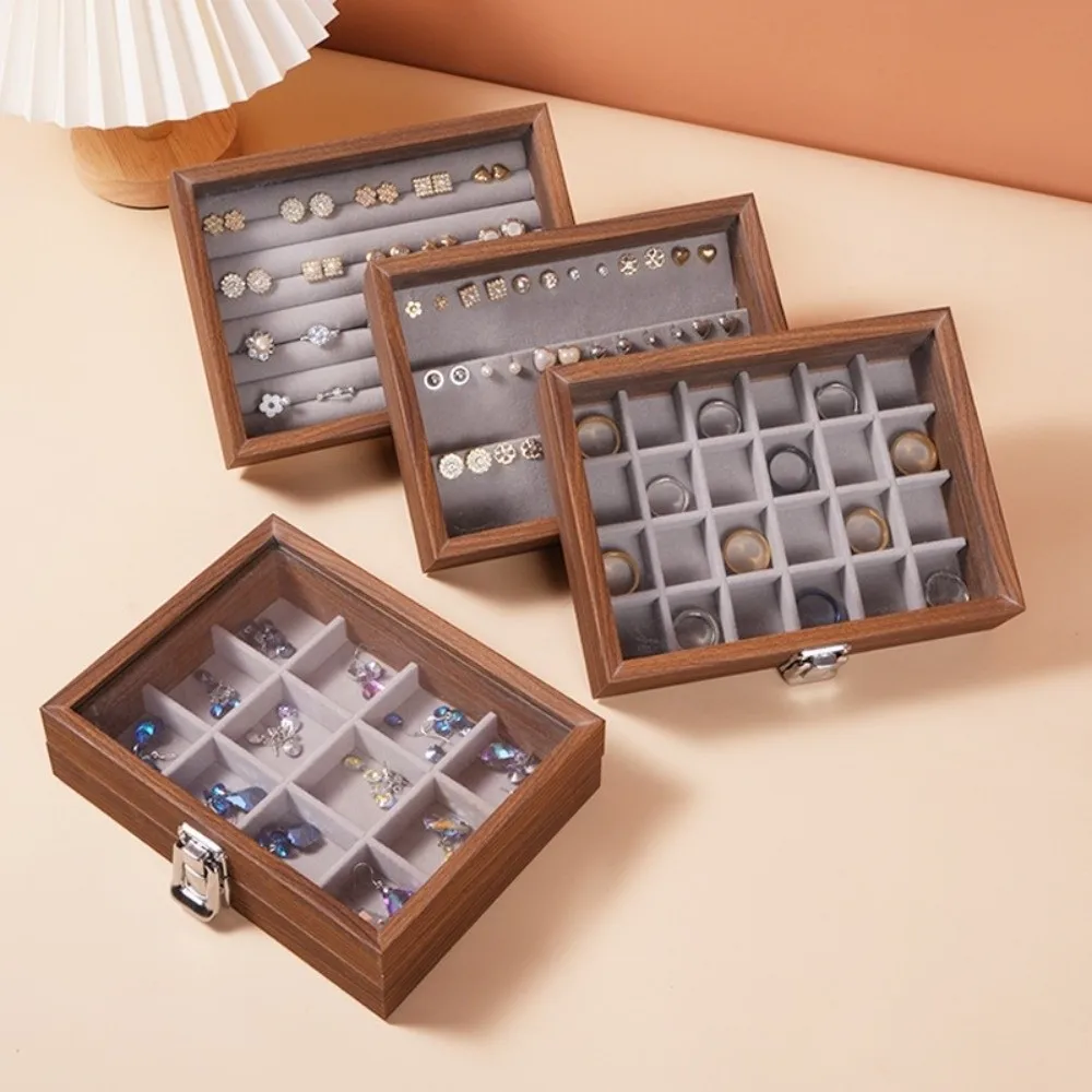 

Vintage Walnut color Jewelry Box Dustproof with Lid Ring Storage Box Transparent Cover Solid Wood Jewelry Display Box Earrings