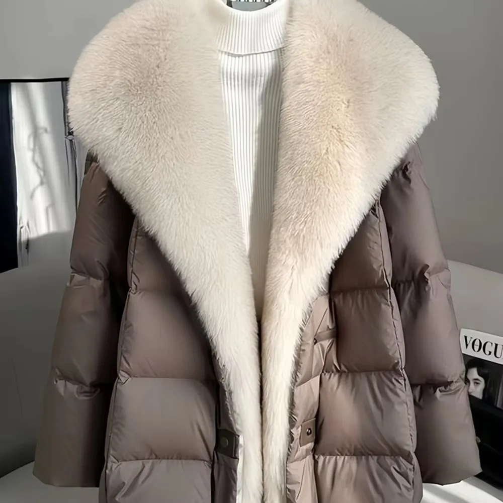 Entendaunenjacken für Damen, einreihiger Mantel, Windjacke mit Pelzkragen, gespleißt, Winter, neu, 2025