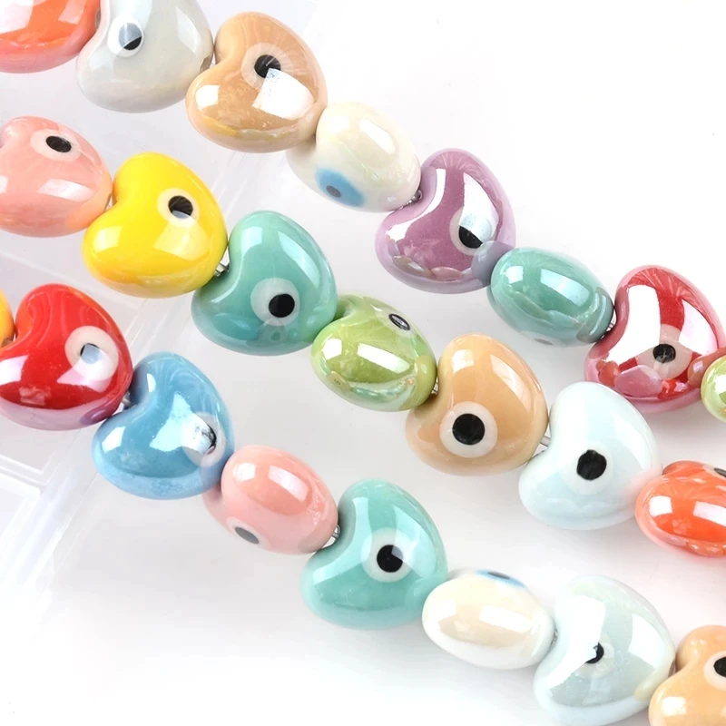 10pcs Heart Evil Eye Ceramic Beads For Jewelry Making Loose Spacer 14x12mm 17x15mm DIY Bracelet Necklace Earring Accessories