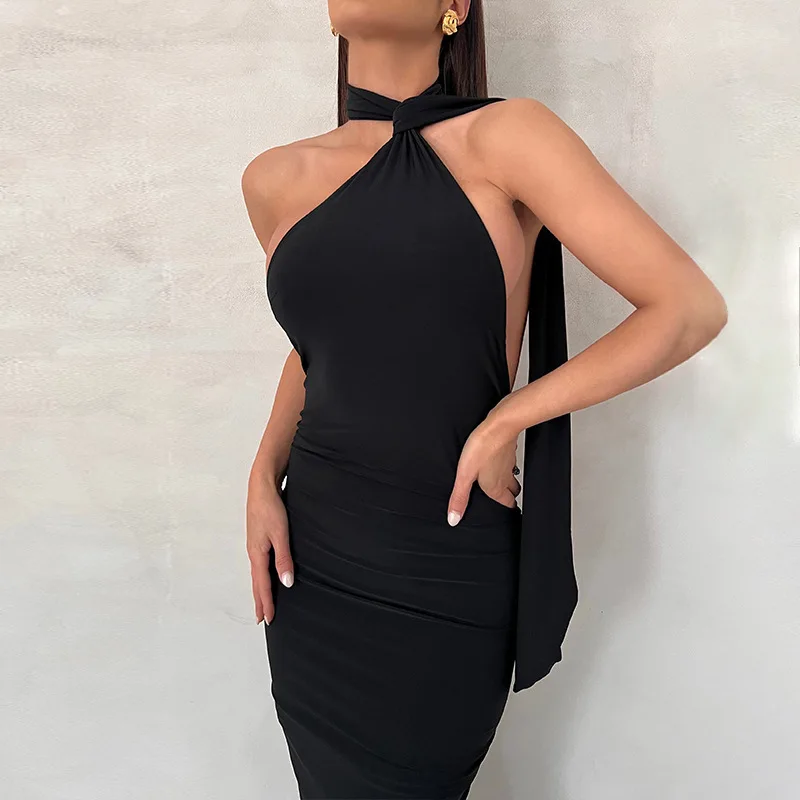 Women Dress Scarf Lace-up Sleeveless Backless Sexy Cute Elegant Slim Fitting Pleated Buttocks Dress Party Banquet High Quality