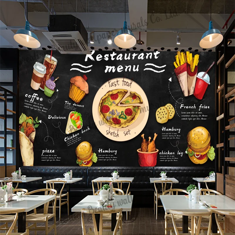 

Hand Painted Restaurant Menu Wallpaper Pizza Burger Coffee Mural Industrial Decoration Snack Bar Background Wall Papel Tapiz