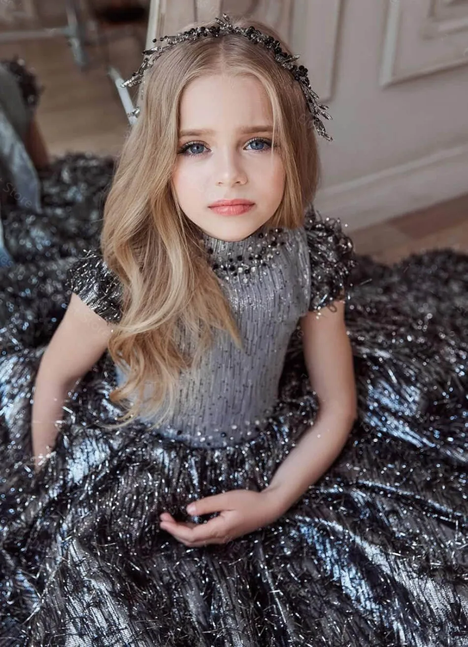 

Flower Girl Dress Black Fluffy Layered Tulle Fringe Beaded Wedding Elegant Flower Child's First Eucharistic Birthday Party Dress