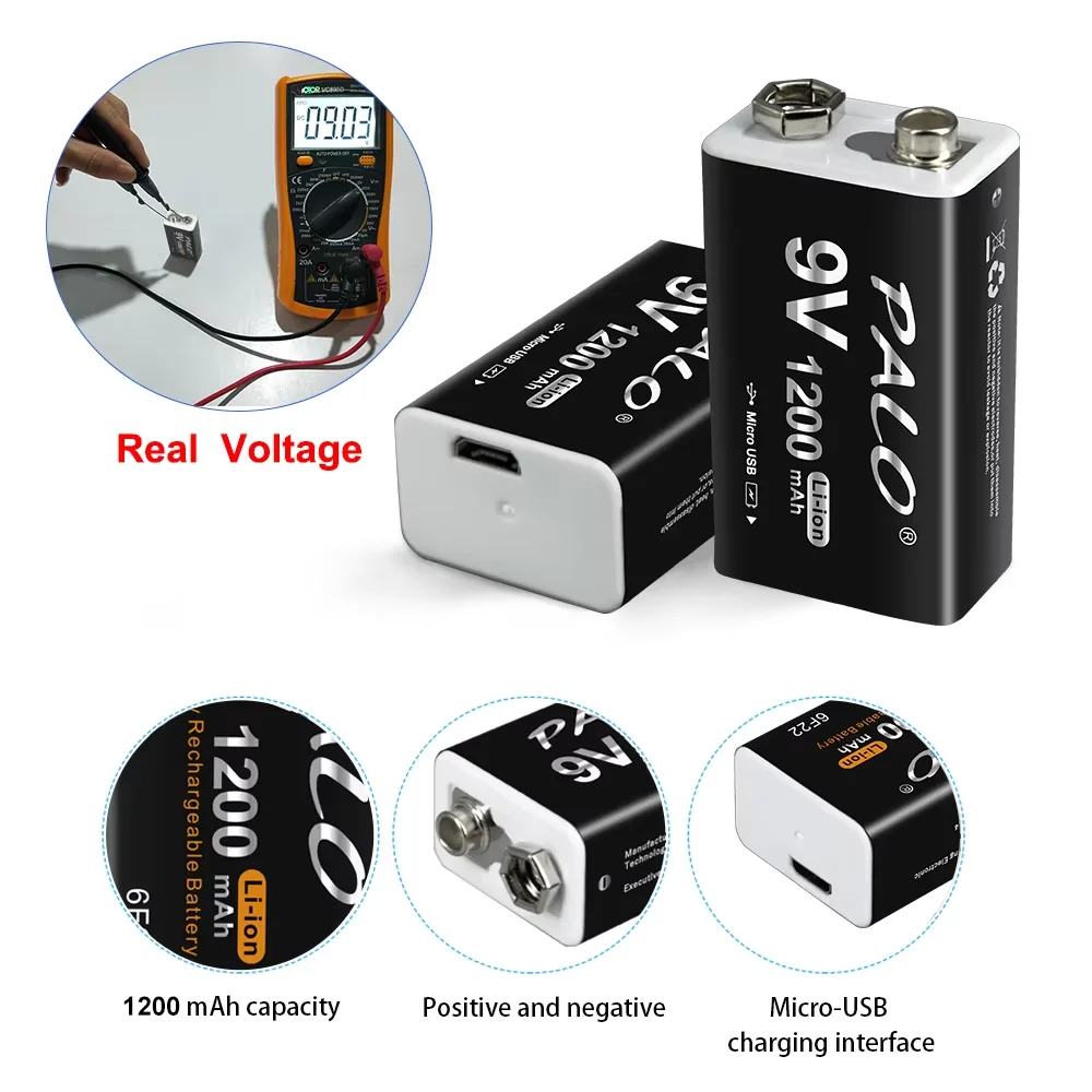 PALO 1200mAh 9V akumulator 6F22 9V USB ładowanie akumulatory litowo-jonowe do wykrywacza metali Model mikrofon zabawka — zdjęcie 3