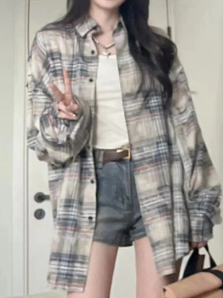 Vintage Plaid Single Breasted Harajuku Shirt Y2k Aesthetic Oversized Bgrunge Louses Preppy Casual Streetwear Coats Outerwear