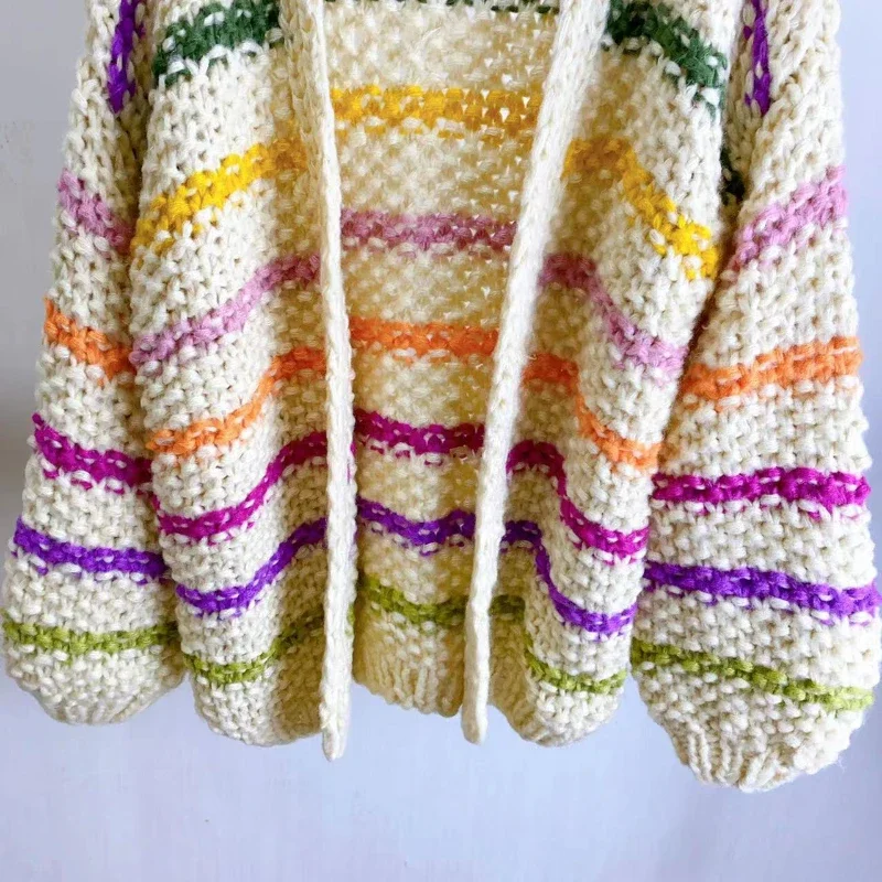 2023 Autumn/Winter New in Women Chunky Mohair Cardigan V-neck Rainbow Color Handmade Knit Striped Sweater Bohemian Style