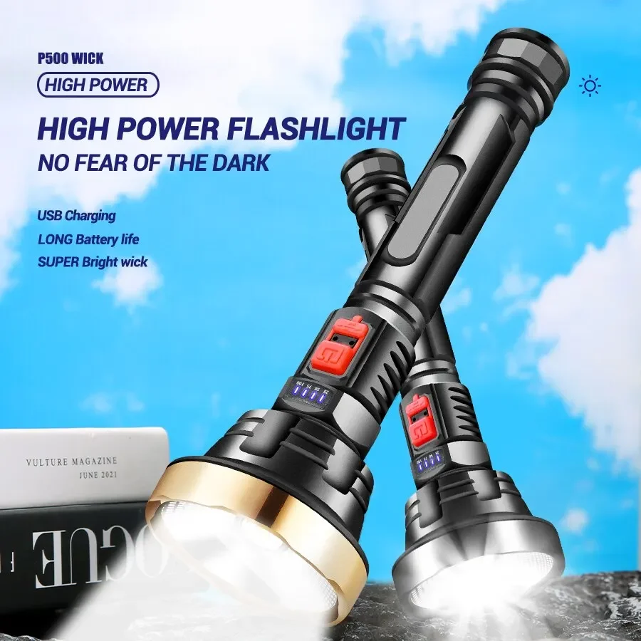 Big Strong Light Rechargeable LED High Power Home Outdoor Camping Mountaineering Fishing Light Power Long Range Flashlight 