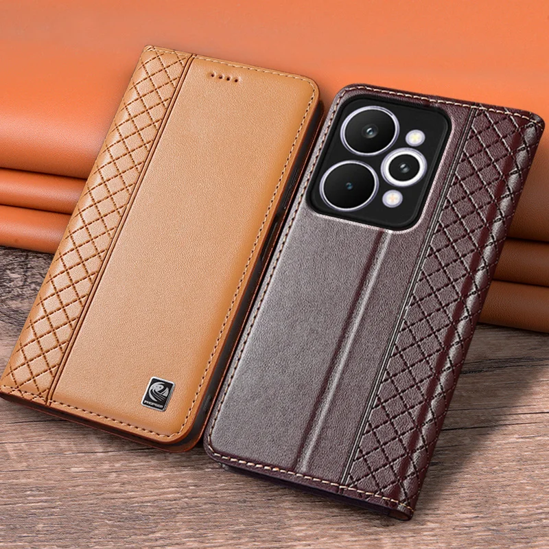 

Флип-чехол для Realme 15T 15 Pro 5G из натуральной кожи с магнитной книгой, роскошный чехол из воловьей кожи с сетчатым узором, карманные чехлы-кошельки для карт