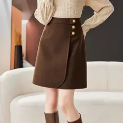 Temperament All-match Autumn Winter Woolen Women Solid High Waist Button Fashion Elegant Office Lady A-line Short Bag Hip Skirt