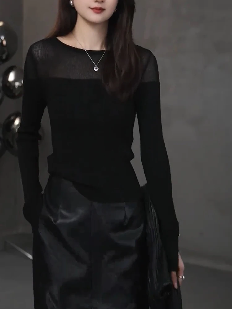 

Spring 2025 plus Size Bla Me Long Sve T-irt Korean Sle Faion Design Simple Slimming Micro Transparent Net irt