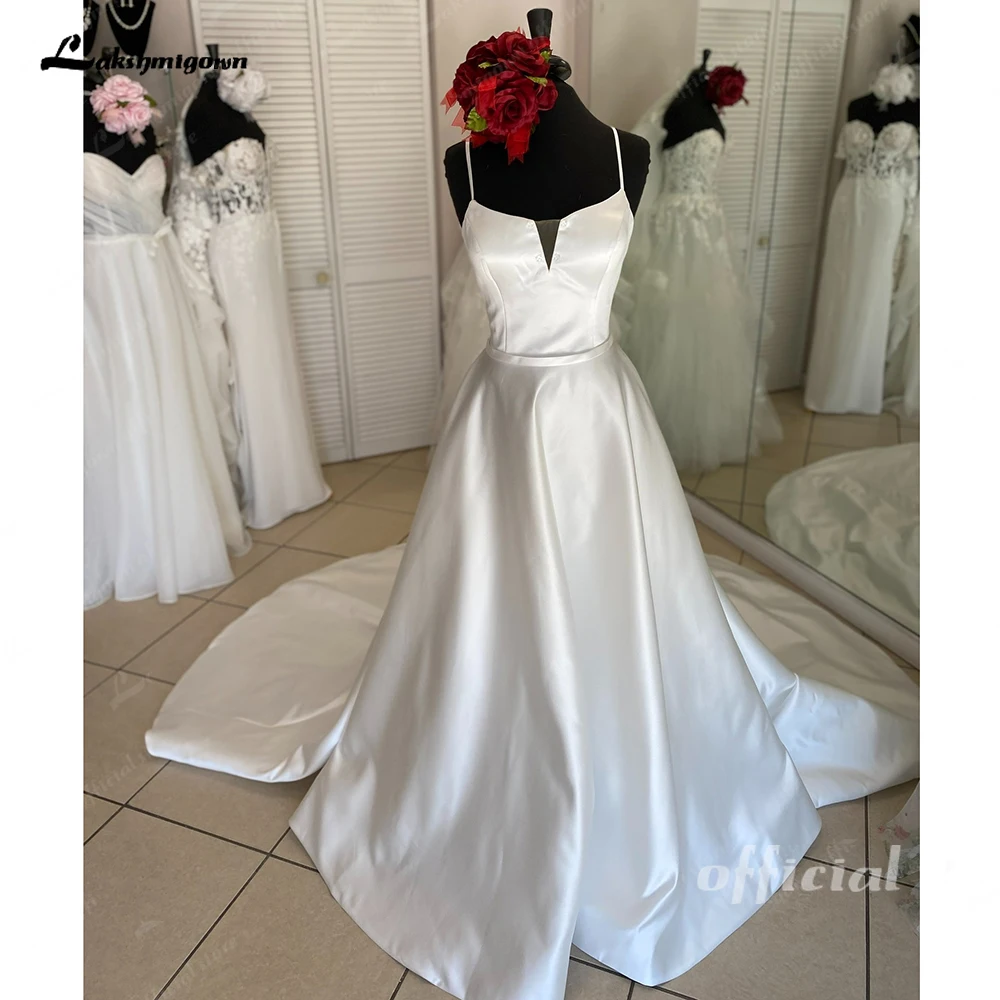 Lakshmigown-Vestido de casamento cetim fora do ombro para a noiva, cintas de espaguete, vestido personalizado