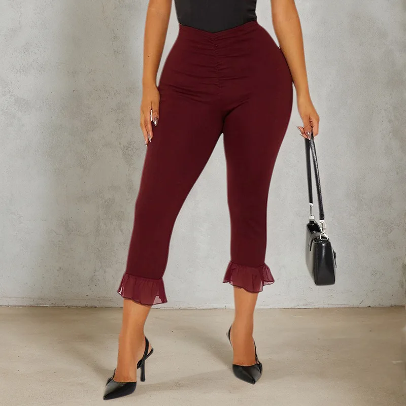 

Mesh Ruffles Patchwork Slim Summer Capris Pants Women Fashion Solid Ruched High Waist Skinny Calf-length Trousers Casual Bottoms