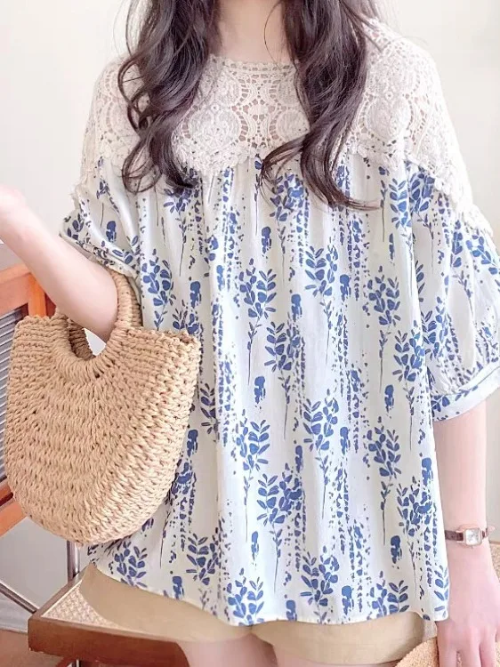 

Женская повседневная блузка в корейском стиле из смесового хлопка с цветочным кружевом и пэчворком, модная, дышащая, с длинным рукавом