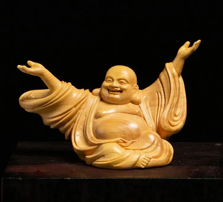 Wood carving Small Statue Home Room Happy Maitreya Buddha decorative figures