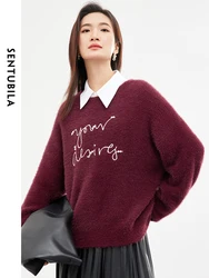 SENTUBILA Letter Printed Sweater Woman Wine Red Knitwear 2024 Autumn Drop Sleeve Loose Pullovers Women's Casual Tops W34E52629